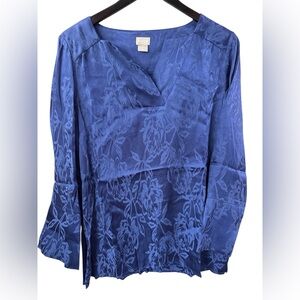 Chico’s Blue Floral Satin Long Sleeve Blouse Sz 1 US 8 10 Career Business